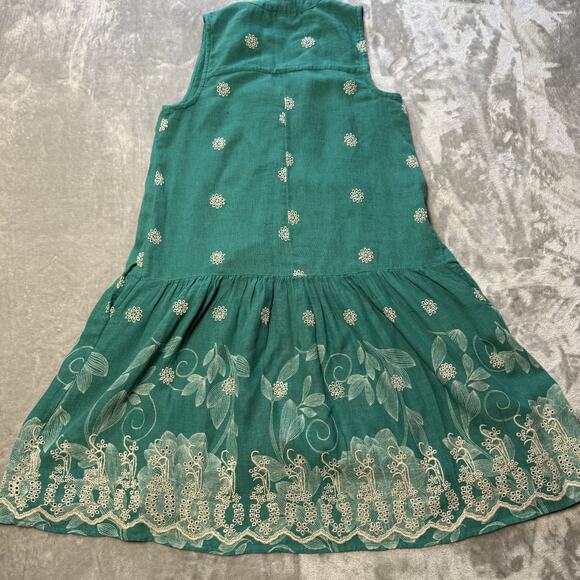 Maeve Dress XS P Green Sleeveless Embroidered Tunic Linen Floral Boho Summer - Picture 8 of 9